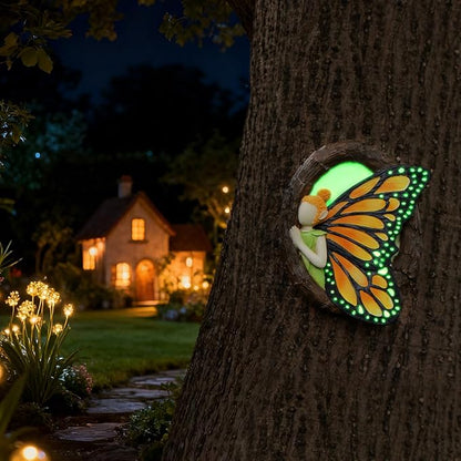 Fairy Out The Window Tree Hugger Garden Statue, Glow in The Dark Resin Fairy Figurine Wall Art Sculpture Outdoor Tree Faces Decor for Patio Lawn Yard Ornaments (Yellow)