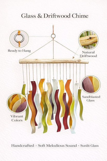 OMA Glass Wind Chime – Handmade Recycled Glass & Driftwood Chime for Garden Patio Decor – Multi Color Hanging Chime for Garden, Patio Or Indoor Decor Sun Catcher Gift - Large 20"