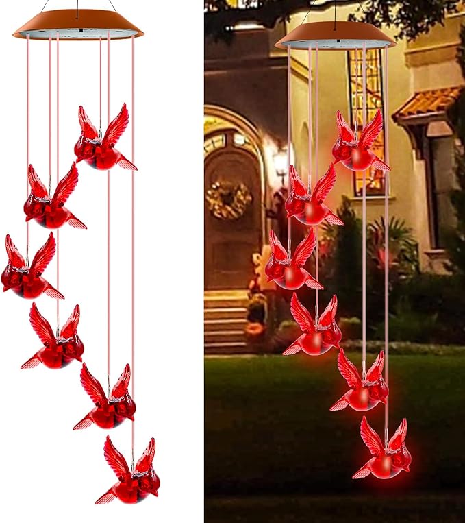 Cardinal Solar Wind Chimes for Outside, Cardinal Wind Chimes Gifts for Mom Grandma Women Wife Girls, IP65 Waterproof Hanging Memorial Red Bird LED Lights for Holiday Garden Yard Window Outdoor Decor