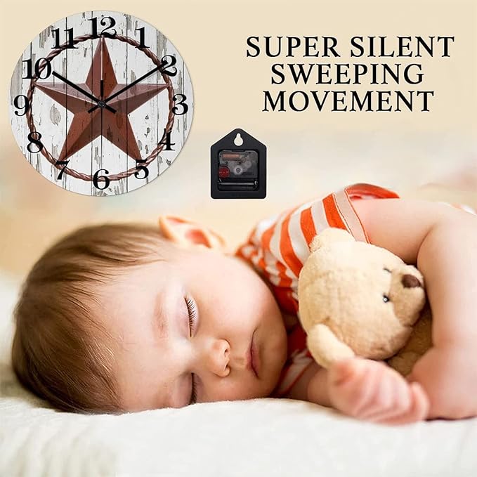 10 Inch Decorative Wall Clock Western Texas Star Vintage Farmhouse Wood Clock Silent Non-Ticking Battery Operated Country Wooden Desk Clock for Office Farmhouse Living Room Decor Home Decor