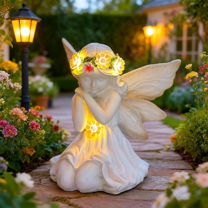 Solar Garden Outdoor Statues Lights, Resin Angel Figurine Light for Patio, Balcony, Yard, Lawn Ornament, Unique Housewarming Gifts and Yard Decor