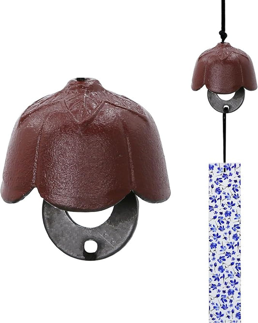 Japanese Wind Chime Cast-Iron Outdoor Ornament for Garden, Patio & Balcony, Hanging Metal Wind-Bell Decoration Gift, Blessing Pendant Windchimes & PVC Wind-Catcher, Red Plum