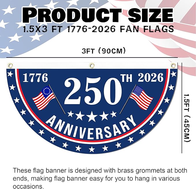2PCS USA Anniversary 250th Flag, 1.5X3 FT Anniversary Fan Flags, Yard Signs Hanging Decor for Outdoor, Front Door, Porch, Welcome Backdrop with Brass Grommets (Style 3)