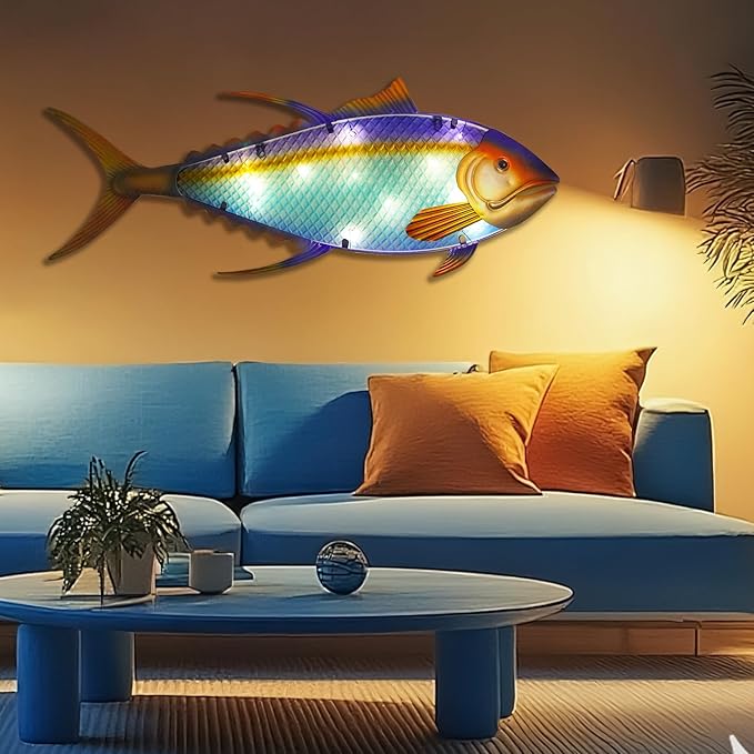 LIFFY Metal Fish Wall Decor,36" Large Tuna Wall Art with Led Lights,Indoor Outdoor Mounted Nautical Hanging Decorations for Home Garden Patio,Gift for Coastal Decor & Ocean Lover