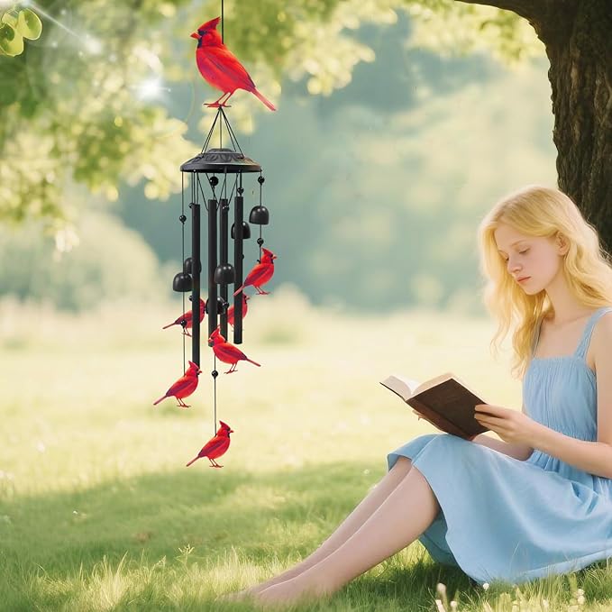 Cardinal Wind Chimes for Outside, Black Metal Windchimes Outdoors, Cardinals Gifts for Women/Men, Garden/Yard Decor, Memorial/Birthday Gifts for Grandma/Mom, Durable Chimes for Outdoors