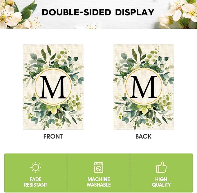 AVOIN colorlife Monogram Letter M Floral Garden Flag 12x18 Inch Double Sided Outside, Family Last Name Initial Yard Outdoor Decoration
