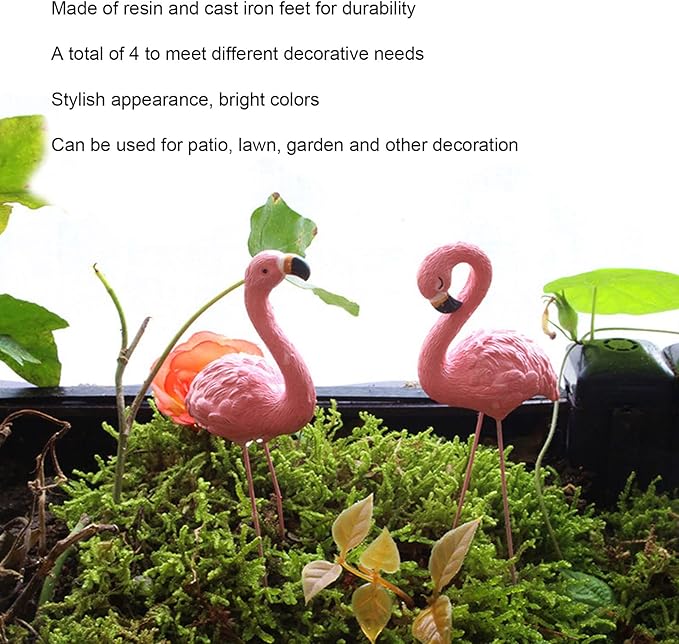 4 Pcs Pink Flamingo Garden Statues, Fine Detailed Resin Flamingo Yard Decor with Iron Feet for Lawn Patio Decorations
