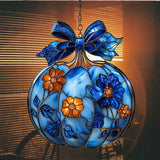 Blue Floral Pumpkin Acrylic Suncatcher Stained Glass Effect Window Car Hanging Christmas Ornament Indoor Outdoor Decor Garden Sun Catcher Panel for Halloween Lover for Women Mom Grandma