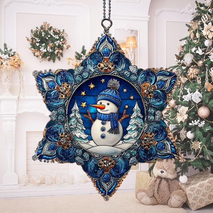 Cute Snowman Giving Presents Mosaic Snowflake Acrylic Suncatcher Stained Glass Effect Window Car Hanging Christmas Ornament Indoor Outdoor Decor Garden Sun Catcher Panel for Women Mom Grandma