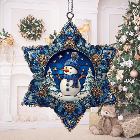 Cute Snowman Giving Presents Mosaic Snowflake Acrylic Suncatcher Stained Glass Effect Window Car Hanging Christmas Ornament Indoor Outdoor Decor Garden Sun Catcher Panel for Women Mom Grandma