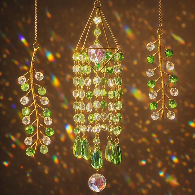 Crystal Suncatcher 3 PCS Hanging Prism Window Decor, Green Glass Sun Catcher with Metal Frame and Rainbow Light Reflection for Indoor Outdoor Garden Patio