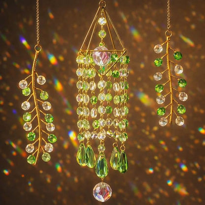 Crystal Suncatcher 3 PCS Hanging Prism Window Decor, Green Glass Sun Catcher with Metal Frame and Rainbow Light Reflection for Indoor Outdoor Garden Patio