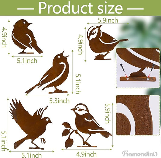 Framendino, 5 Pack Rusty Birds Decoration Metal Yard Art Bird Ornaments Decor for Fence Topper Garden Decorations