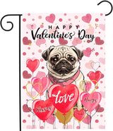 Pug Valentine Garden Flag Valentines Day Flags for Outside 12x18 Double Sided Small Yard Flags Dog Valentine's Day Decor Outdoor Lawn Valentines Banner
