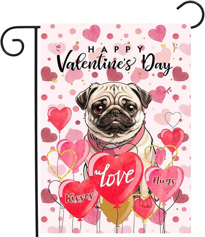 Pug Valentine Garden Flag Valentines Day Flags for Outside 12x18 Double Sided Small Yard Flags Dog Valentine's Day Decor Outdoor Lawn Valentines Banner