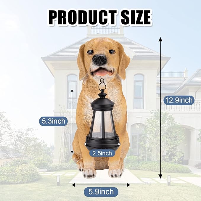 Garden Dog Statues Outdoor Decor, Golden Retriever Yard Outdoor Statue with Solar Lantern Lights Decorations Solar Dog Ornaments for Patio, Lawn, Yard Art Decoration, Housewarming Garden Gift