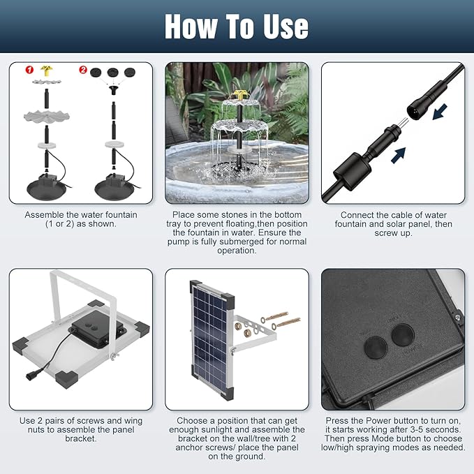 3-Tier Solar Fountain for Bird Bath, Solar Water Pump Waterfall Feature with Colorful Light 3 Nozzles 6W Solar Panel for Bird Bath, Yard Garden Decoration Garden, Outdoor Bird Feeder