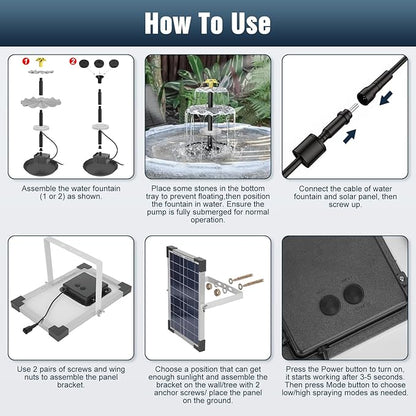 3-Tier Solar Fountain for Bird Bath, Solar Water Pump Waterfall Feature with Colorful Light 3 Nozzles 6W Solar Panel for Bird Bath, Yard Garden Decoration Garden, Outdoor Bird Feeder