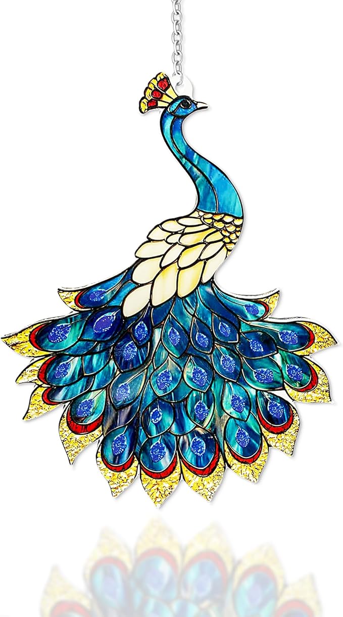 Peacock Suncatcher Stained Glass, Peacock Art Glass Suncatcher Hanging, Bird Suncatcher for Patio/Mom/Window (Blue)