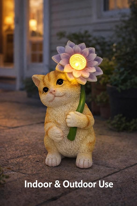 GoGnome Solar Cat Garden Statue with LED Flower for Mom Woman – 6.5‘’ Hand-Painted Resin Outdoor Kitten Figurine, Automatic Night Light, Yard Patio Lawn Decor (Kitten)