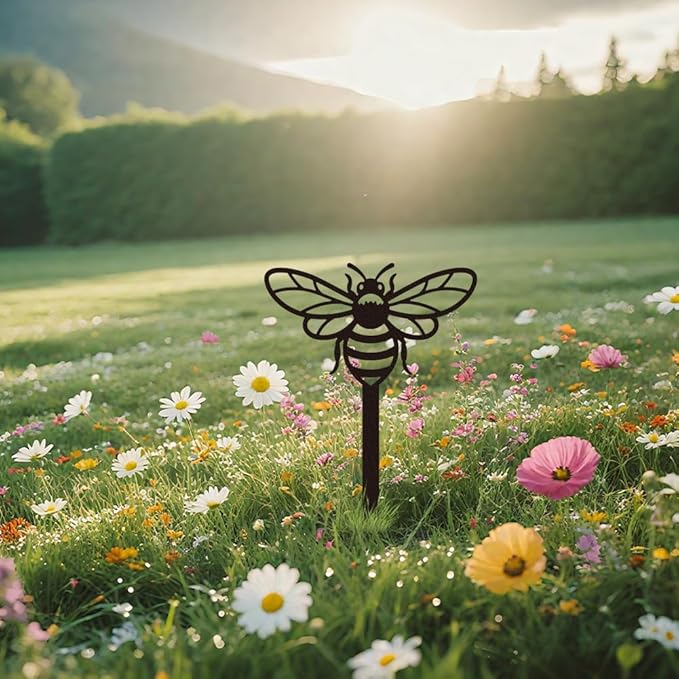 WADORN Bee Metal Yard Stakes Spring Decor, 10.6" Bee Outdoor Statues Silhouette Black Cute Bees Yard Art Stakes Bees Lover Gifts Indoor Outdoor Ornaments Decoration for Garden Patio Backyard Lawn
