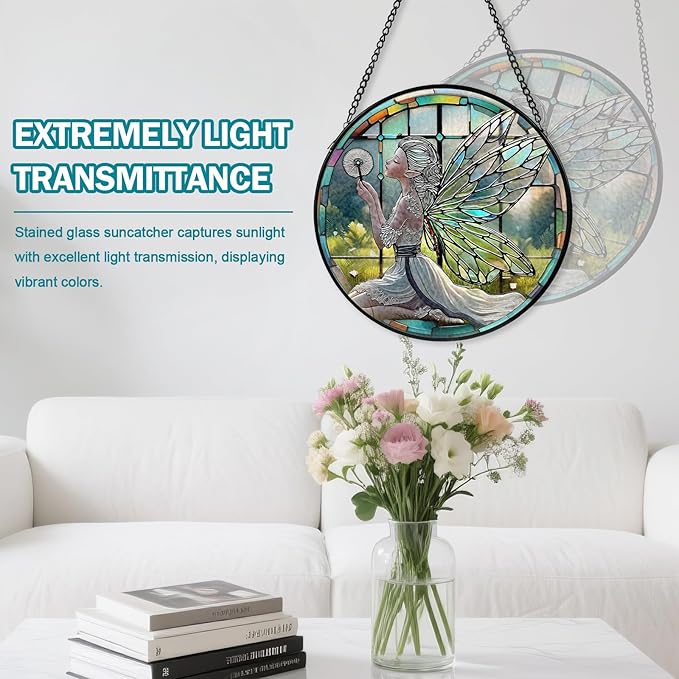 Dandelion Fairy Stained Glass Window Hanging, Suncatcher Diamond Glass Panel Hangings, Sun Catchers Indoor Windows Wall Art, Gifts for Mom Grandma, Christmas Decor for Home Garden Office 7.87 inches