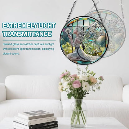 Dandelion Fairy Stained Glass Window Hanging, Suncatcher Diamond Glass Panel Hangings, Sun Catchers Indoor Windows Wall Art, Gifts for Mom Grandma, Christmas Decor for Home Garden Office 7.87 inches