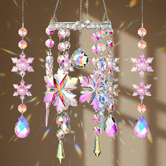 Suncalla 3 Pcs Winter Snowflake Suncatchers Winter Crystal Sun Catchers Snow Flake Hanging Suncatcher Wind Chime with Chain Rainbow Indoor Outdoor Window Christmas Decor