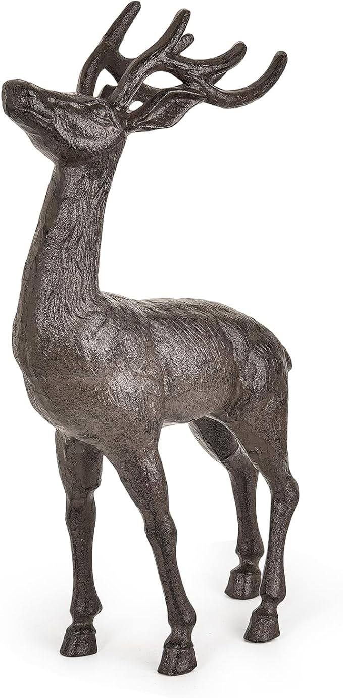 Sungmor 22" Tall Cast Iron Deer Statue - Indoor Outdoor Metal Deer Sculpture, Large & Heavy-Duty Wild Animal Landscaping Figurine, Rustic Garden Decor for Patio, Yard, Home (Dark Brown)
