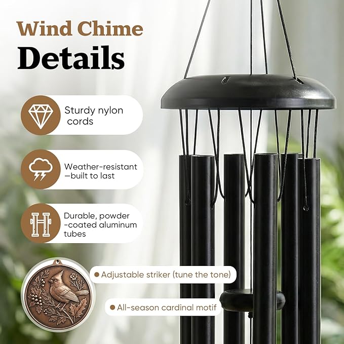 Wind Chimes for Outside – 26" Cardinal Wind Chime, Deep-Tone Tuned Aluminum, Vintage Bronze Pendant, Weather-Resistant Outdoor Garden Patio Yard Decor, Adjustable Striker, Memorial & Sympathy Gift