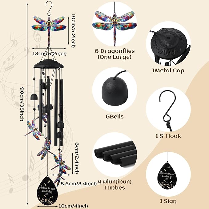 Novabright Dragonfly Wind Chimes for Outside 35" Black Metal Wind Chime Soothing Tones Memorial Windchimes Decor Dragonfly Gifts for Women Men Outdoor Garden Yard Patio Decor Memorial Birthday Gifts