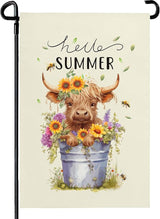Hello Summer Garden Flag Highland Cow Yard Flag Summer Sunflower Honey Bee Floral Garden Flags Farmhouse Rustic Green Leaf House Banner for Seasonal Double Sided 12x18 Inch Outdoor Decoration