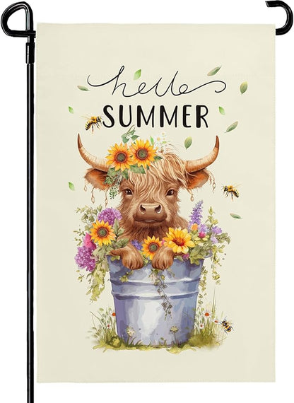 Hello Summer Garden Flag Highland Cow Yard Flag Summer Sunflower Honey Bee Floral Garden Flags Farmhouse Rustic Green Leaf House Banner for Seasonal Double Sided 12x18 Inch Outdoor Decoration