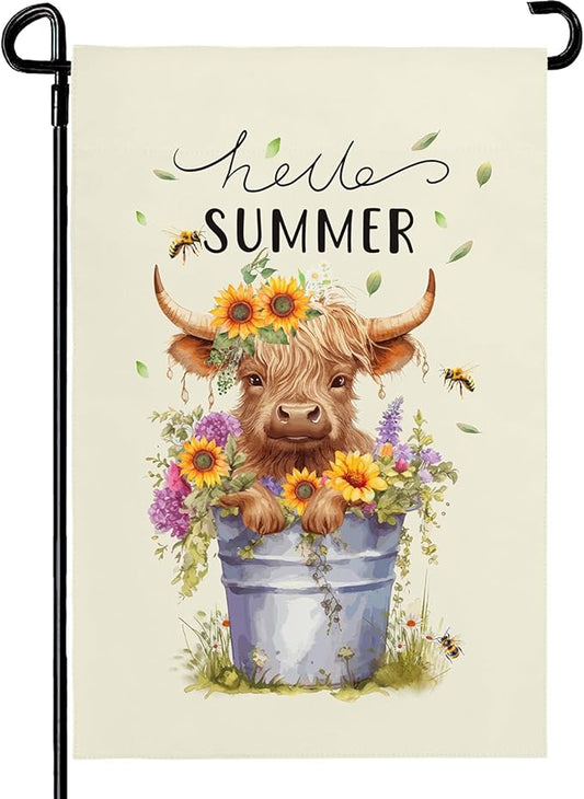 Hello Summer Garden Flag Highland Cow Yard Flag Summer Sunflower Honey Bee Floral Garden Flags Farmhouse Rustic Green Leaf House Banner for Seasonal Double Sided 12x18 Inch Outdoor Decoration