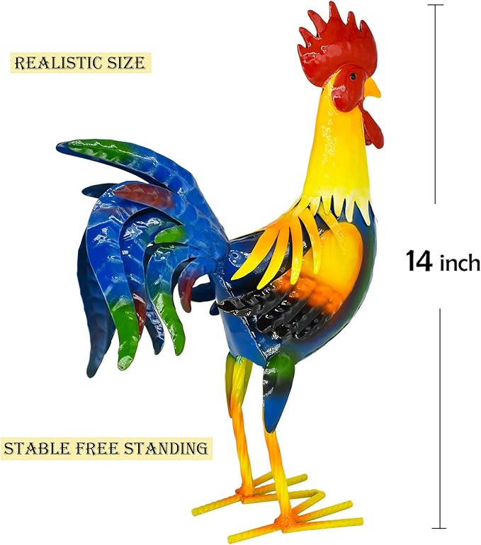 Metal Rooster Yard Art Chicken Garden Outdoor Decor, Metallic Roosters Statue & Sculpture Decorations for Kitchen Farm Lawn Patio Backyard Housewarming