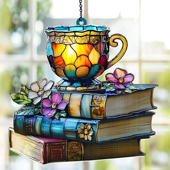 Jesuspirit - Window Hanging Suncatcher – Crystal Clear Acrylic & Wood Sun Catcher for Home Decor, for Women (Floral Book and Tea, 8 Inches)