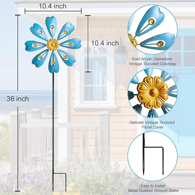 Flower Outdoor Metal Wind Spinner, Single-Layer Kinetic Garden Art with Vibrant Blue Finish - Weatherproof Wind Sculpture for Lawn, Patio, Yard Decor - 10''W x 36''H