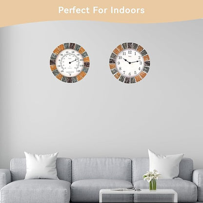 Lily's Home 10 inch Indoor or Outdoor Hanging Wall Clock and Thermometer Set,Stone Frame Battery Operated Quartz Movement, Operated Decor for Family Room, Office, Game Room,Garden, Backyard, Pool