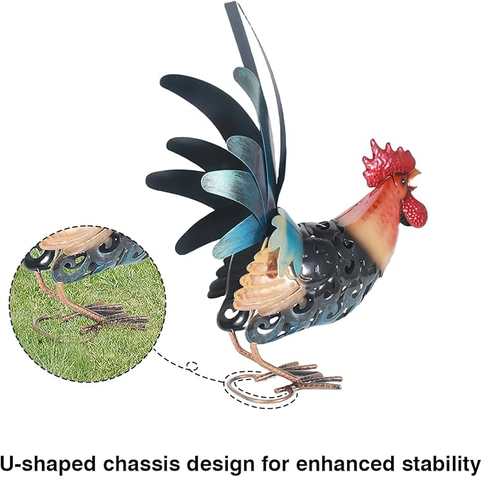 16.5" Whimsical Metal Rooster Garden Statue, Handmade Morning Crowing Rooster Sculpture with Green Tail Feathers, Rust-Resistant Iron Art for Yard, Farmhouse, Kitchen & Outdoor Decor