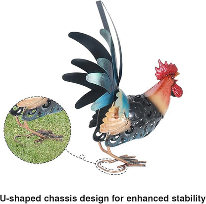 16.5" Whimsical Metal Rooster Garden Statue, Handmade Morning Crowing Rooster Sculpture with Green Tail Feathers, Rust-Resistant Iron Art for Yard, Farmhouse, Kitchen & Outdoor Decor