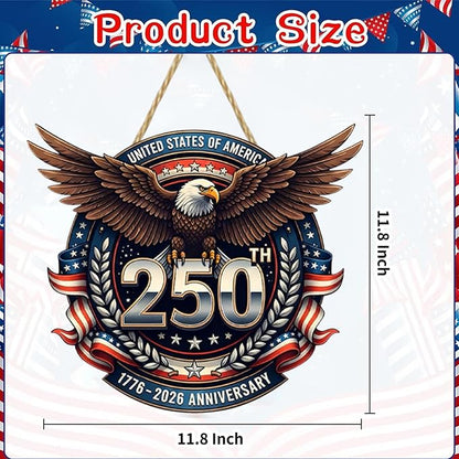 USA 250th Anniversary Double-Layer Wooden Sign Large Reusable USA 250th Bald Eagle American Flag Stars Stripes 1776-2026 250th Anniversary Rustic Wood Twine Hanging Door Wall Patriotic Decor 1 Pcs