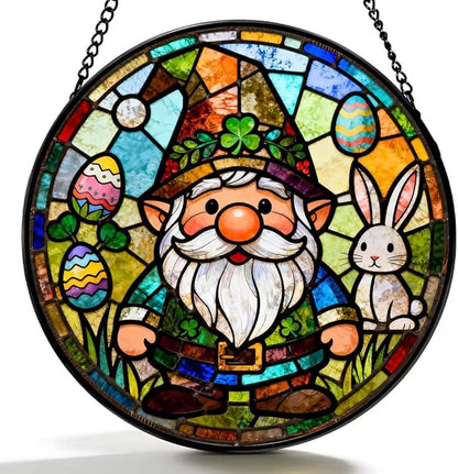 Funoasis Bunny Gnome Stained Glass Suncatcher - 6.3 Inches Easter Egg Hanging Window Ornaments Gift for Holiday Celebration Decoration