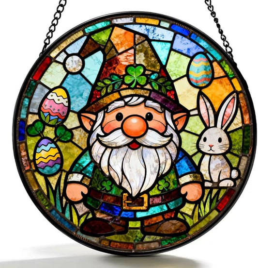 Funoasis Bunny Gnome Stained Glass Suncatcher - 6.3 Inches Easter Egg Hanging Window Ornaments Gift for Holiday Celebration Decoration