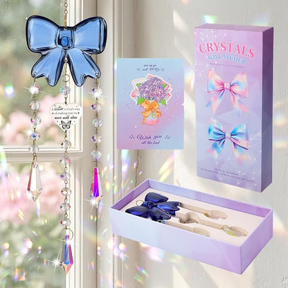 Crystal Sun Catchers Indoor Window,Bow Decor Sun Catcher for Sister Gifts with 3 Chains,Prism Rainbow Crystal Suncatcher for Hangings College Dorm Rooms Home Decoration Blue