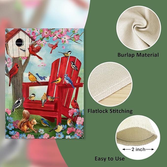 Spring Red Chair Birds Decorative Garden Flag, Cardinal Blue Jay Chickadee Squirrel Birdhouse Flowers Yard Outside Decorations, Summer Farmhouse Outdoor Small Home Decor Double Sided 12 x 18