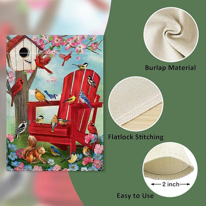 Spring Red Chair Birds Decorative Garden Flag, Cardinal Blue Jay Chickadee Squirrel Birdhouse Flowers Yard Outside Decorations, Summer Farmhouse Outdoor Small Home Decor Double Sided 12 x 18