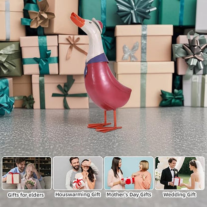 14" Retro Metal Porch Goose Statue for Yard and Garden,Heavy Duty Iron Pink Garden Statues for Outside Duck Decor,Cartoon Yard Statues Outdoor Goose Decor as Duck Gifts Easy to Assemble