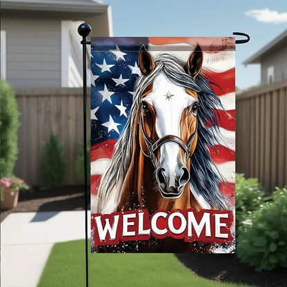 Spring Summer Garden Flag 12x18 Inch Patriotic Horse Welcome American Outdoor Western Farm Animal Design Outdoor Yard Porch Lawn for Seasonal Americana Country Home Decor