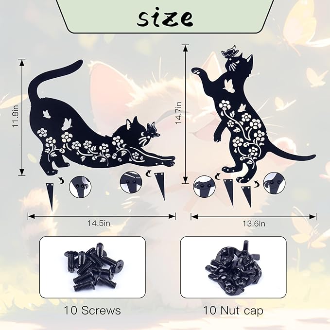 2 Pcs Black Cat Silhouette Cute Metal Cat Decor for Cat Lovers Decorative Garden Stakes for Yard Garden Lawn Outdoor Decorations (Cat)