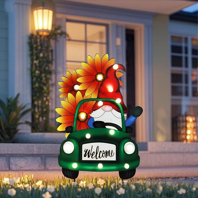 WONDER GARDEN Decorative Garden Stakes - Lighted Gnome Drive Truck Yard Sign Stakes with Sunflower, Spring Welcome Signs for Outdoor, Porch, Yard,Flower Bed Decor